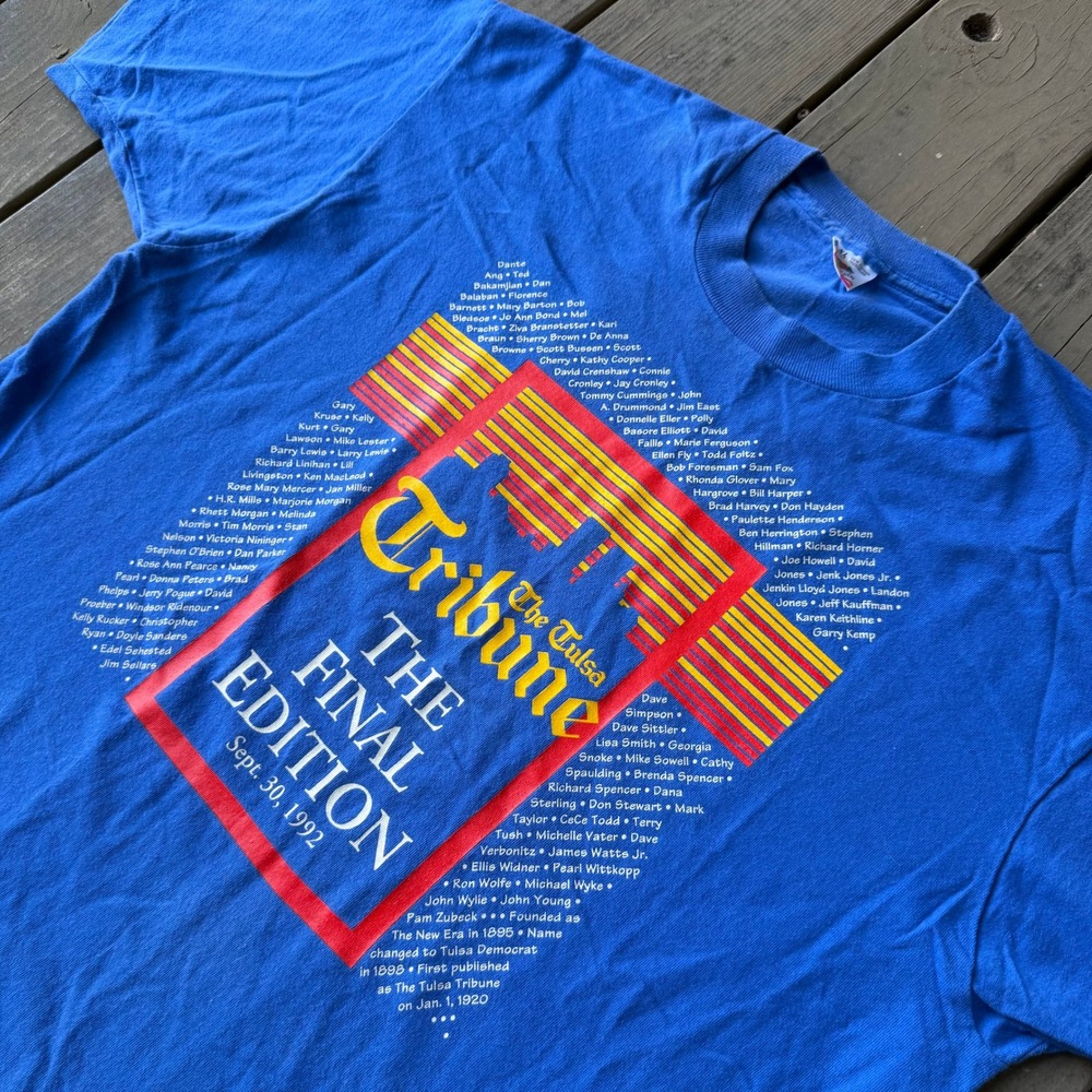 Fruit of the Loom Vintage 1992 The Tulsa Tribune Final Edition T-Shirt XL Blue - Picture 2 of 5